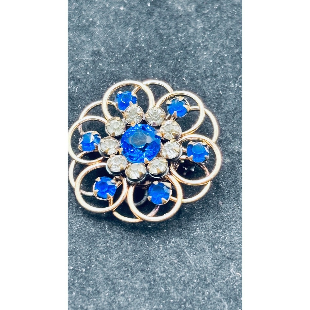 Vintage 1/20 12K Gold‎ Filled Blue Rhinestone Floral Sunburst Brooch Pin 1 Inch